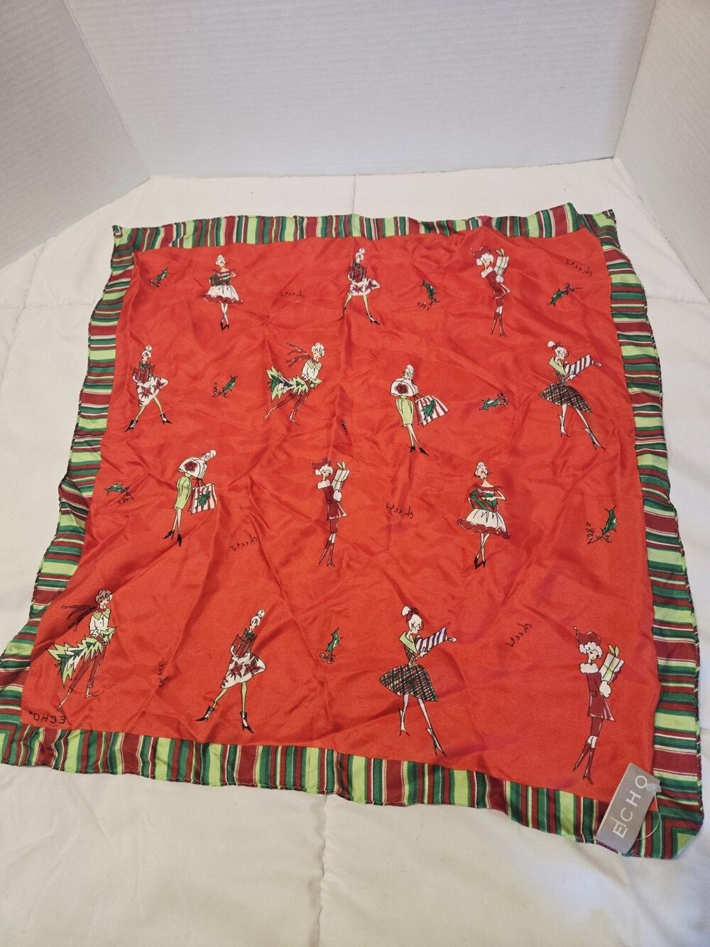 Echo Cheers Shopping Christmas Holiday Silk Handkerchief Scarf Vtg Square Red